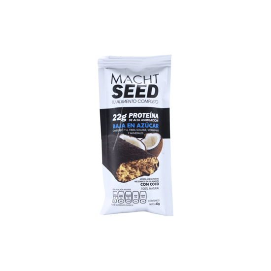 Imagen de Barra de proteína vegana baja en azúcar sin gluten sabor coco cubierta con chocolate Macht Seed 40g