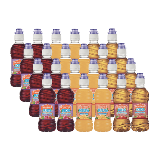 Imagen de Agua con jugo natural de frutas sabores surtidos (naranja, manzana y uva) Bonafont Kids 24 pzas de 300ml c/u