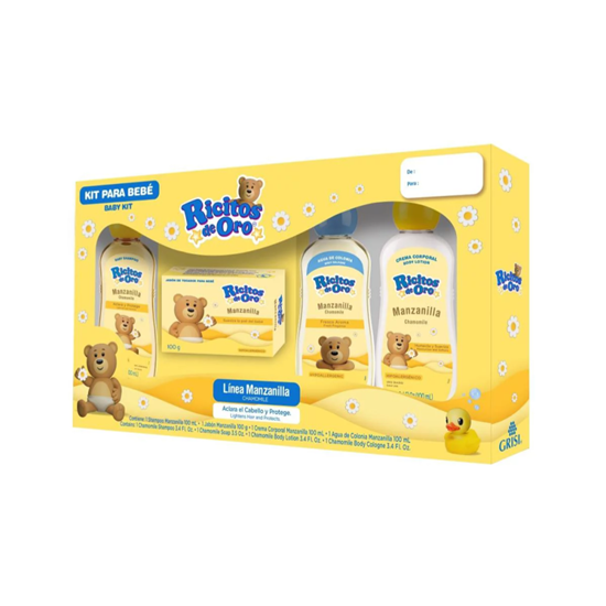 Imagen de Kit para bebé Ricitos de Oro Brillo y Sedosidad Línea Miel & Argán (shampoo 100ml, jabón 90g, crema corporal 100ml y agua de colonia 100ml)