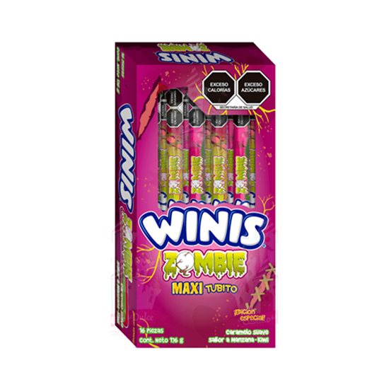 Imagen de Caramelo suave sabor manzana-kiwi Winis Zombie Maxi Tubito 16 pzas de 11g c/u (176g)