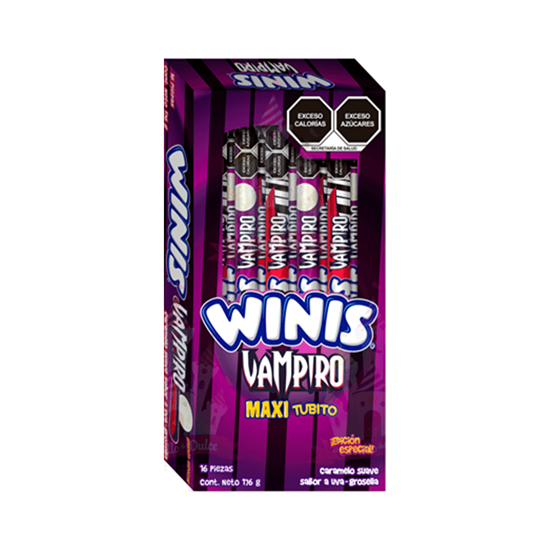 Imagen de Caramelo suave sabor uva-grosella Winis Vampiro Maxi Tubito 16 pzas de 11g c/u (176g)