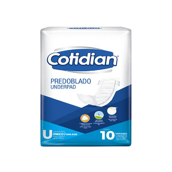Imagen de Protectores predoblados unisex para adulto unitalla Cotidian underpad 10 pzas