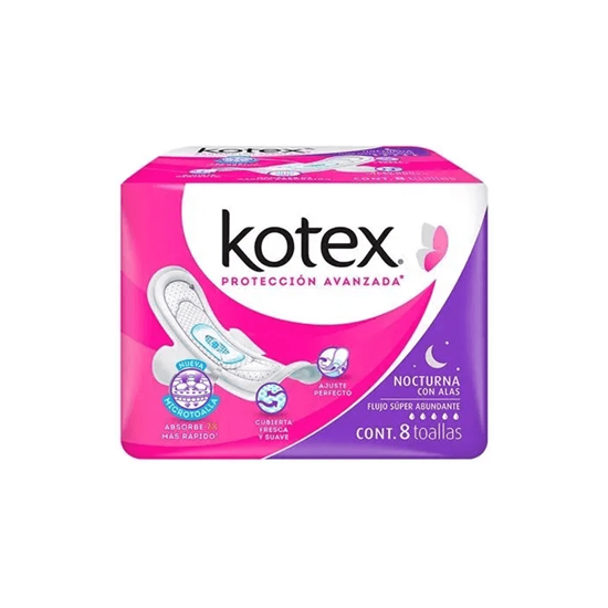 Imagen de Toallas femeninas con alas Kotex Nocturna extra larga flujo súper abundante 8 pzas