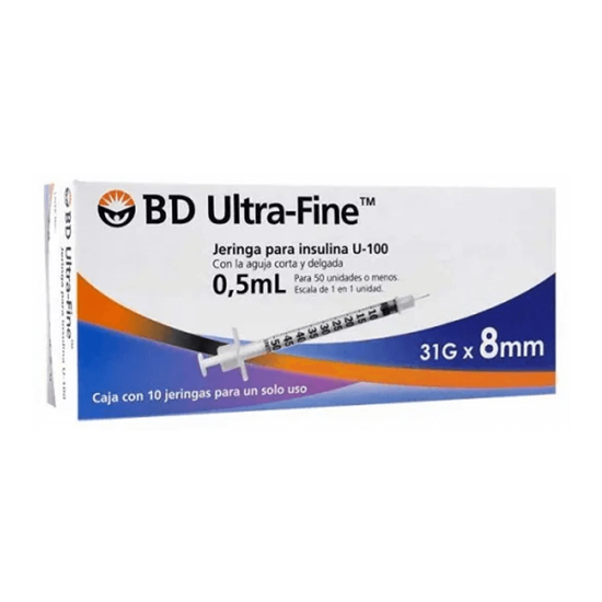 Imagen de Jeringas para insulina U-100 0,5ml (para 50 unidades) 31GX8mm BD Ultra-Fine caja con 10 piezas