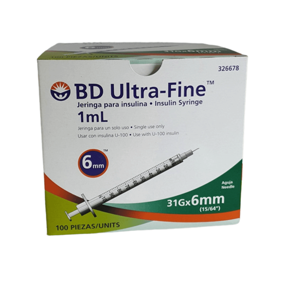 Imagen de Jeringas para insulina U-100 1ml 31GX6mm BD Ultra-Fine caja con 100 piezas