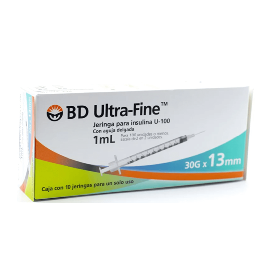 Imagen de Jeringas para insulina U-100 1ml (para 100 unidades) 30GX13mm BD Ultra-Fine caja con 10 piezas