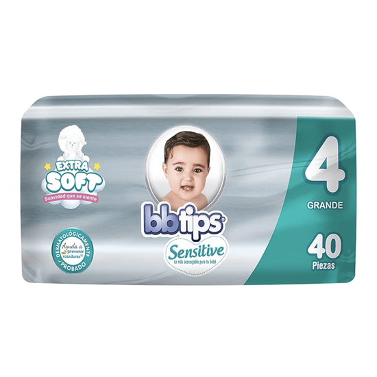 Imagen de Pañales desechables unisex para piel delicada Bbtips Sensitive etapa 4 (9-12kg) 40 pzas