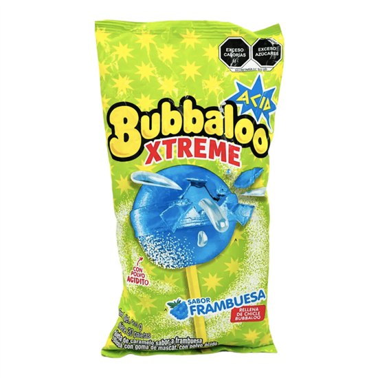Imagen de Paletas de caramelo sabor frambuesa con polvo acidito rellenas de chicle Bubbaloo Xtreme Acid bolsa con 20 pzas (410g)