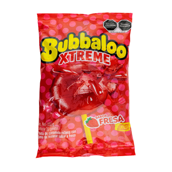 Imagen de Paletas de caramelo sabor fresa rellenas de chicle Bubbaloo Xtreme Fresa bolsa con 20 pzas (332g)