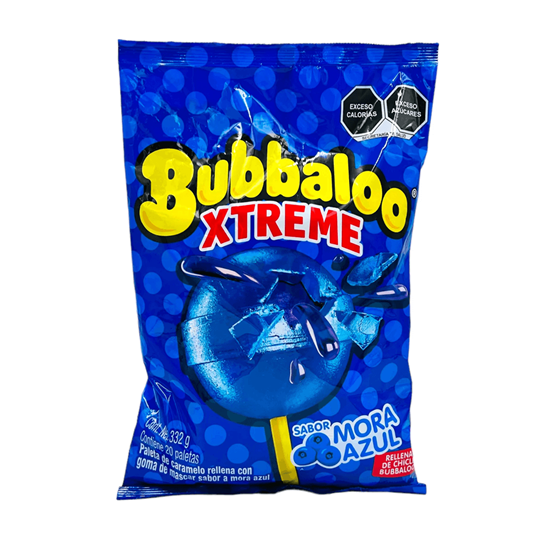 Imagen de Paleta de caramelo rellena con goma de mascar sabor mora azul Bubbaloo Xtreme 20 pzas (332g)