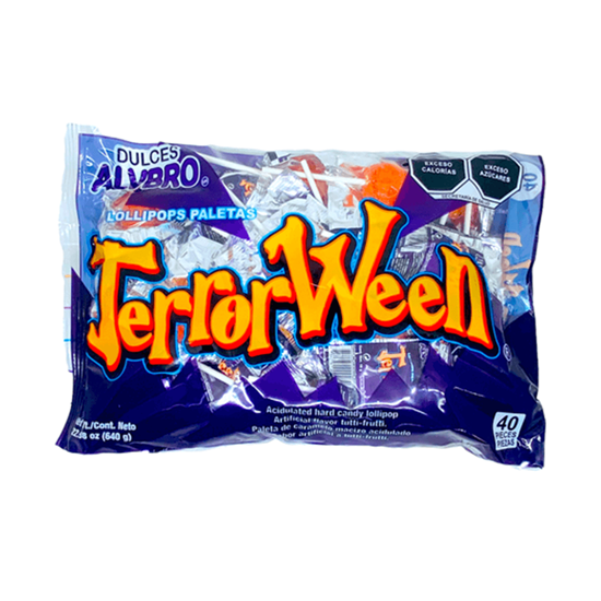 Imagen de Paletas de caramelo sabor tutti-frutti en forma de calabaza Dulces ALVBRO TerrorWeen 40 pzas (640g)