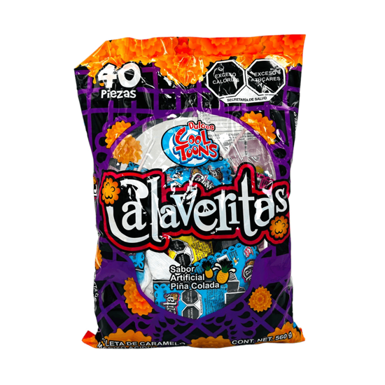 Imagen de Paletas de caramelo macizo acidulado sabor piña colada Dulces Cool Toons Calaveritas 40 pzas (540g)