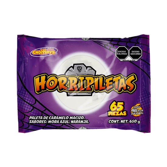 Imagen de Paletas de caramelo sabores mora azul y naranja Dulces Chompys Horripiletas 65 pzas (650g)