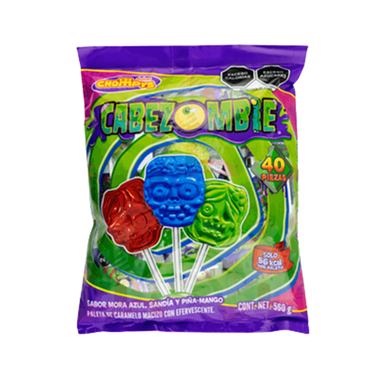 Imagen de Paletas de caramelo macizo sabores frutales Dulces Chompys Cabezombie 40 pzas (560g)