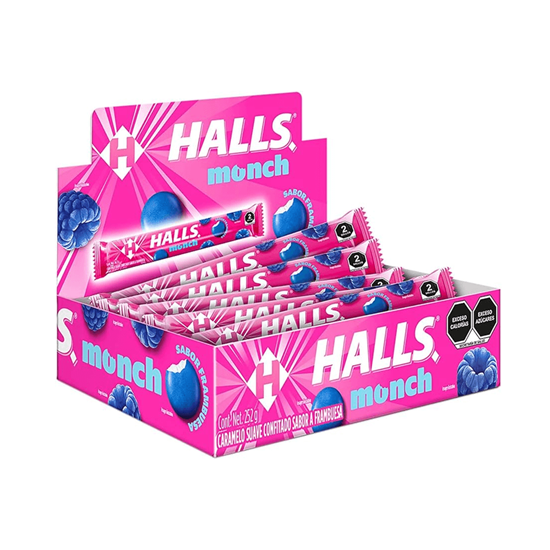 Imagen de Caramelo suave confitado sabor frambuesa Halls Monch 15 pzas de 16.8g c/u (252g)
