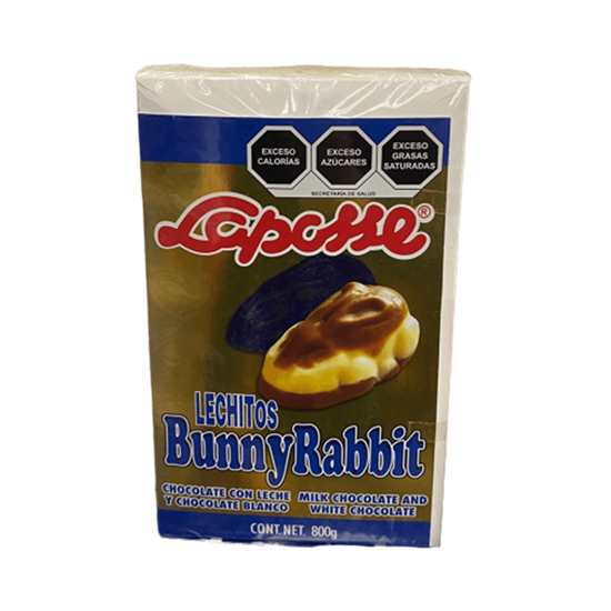 Imagen de Conejitos de chocolate con leche y chocolate blanco Laposse LECHITos Bunny Rabbit azul 100 pzas de 8g c/u (800g)
