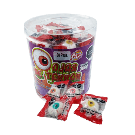 Imagen de Malvavisco con gomita con forma de ojo Productos Risa Ojos de Terror estuche con 60 pzas (300g)