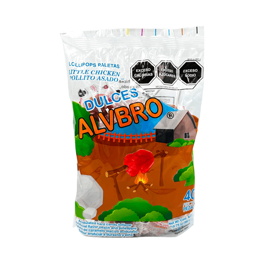 Imagen de Paletas de caramelo macizo acidulado sabor durazno y piña Dulces ALVBRO Pollito Asado 40 pzas (560g)
