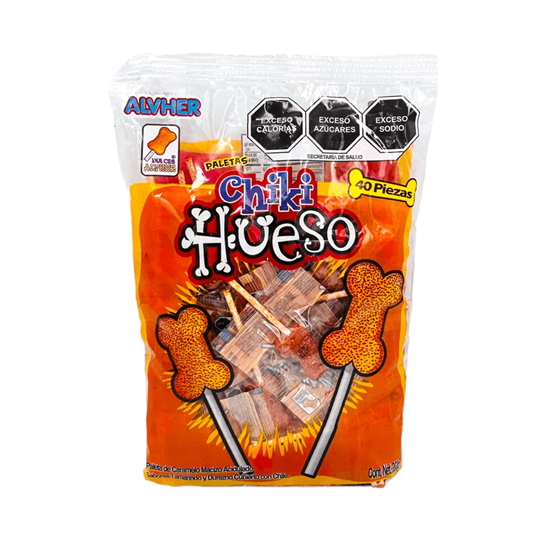 Imagen de Paletas de caramelo macizo acidulado sabor tamarindo y durazno con chile Dulces ALVBRO Chiki Hueso 40 pzas (360g)