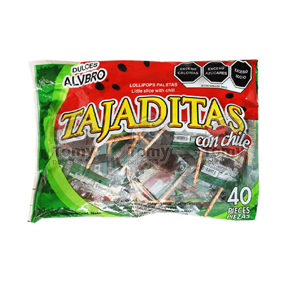 Imagen de Paletas de caramelo macizo acidulado con chile sabor sandía Dulces ALVBRO Tajaditas con chile 40 pzas (560g)