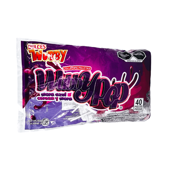 Imagen de Paletas de caramelo macizo acidulado sabores mora, mora azul y cereza Dulces Wubby Wubby Pop 40 pzas (480g)