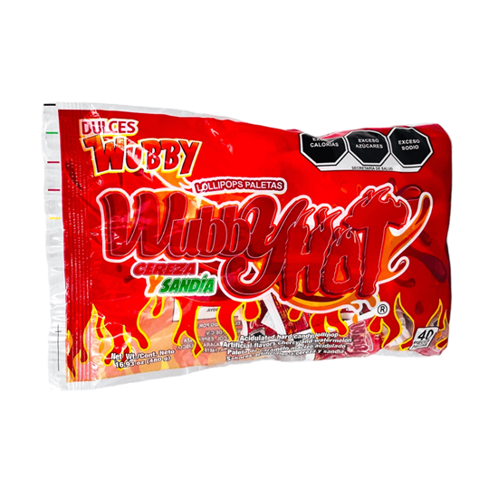 Imagen de Paletas de caramelo macizo acidulado sabores cereza y sandía Dulces Wubby Wubby Hot 40 pzas (480g)