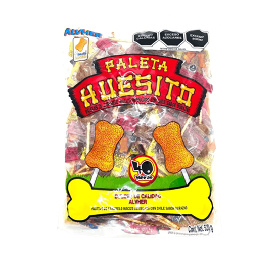 Imagen de Paletas de caramelo macizo acidulado con chile sabor durazno Dulces ALVBRO Huesito 40 pzas (520g)