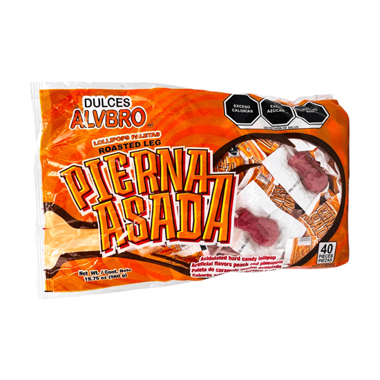 Imagen de Paletas de caramelo macizo acidulado sabores durazno y piña Dulces ALVBRO Pierna Asada 40 pzas (560g)