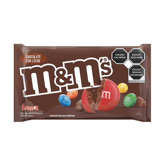 Imagen de Chocolates con leche confitados M&M's 6 pzas de 43.8g c/u (262.8g)