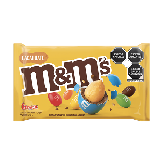 Imagen de Chocolates con leche confitados con cacahuate M&M's 6 pzas de 44.3g c/u (265.8g)