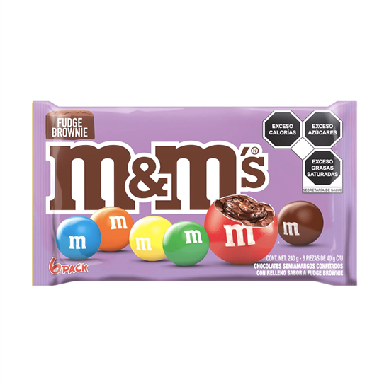 Imagen de Chocolates semiamargos confitados con relleno fudge brownie M&M's 6 pzas de 40g c/u (240g)