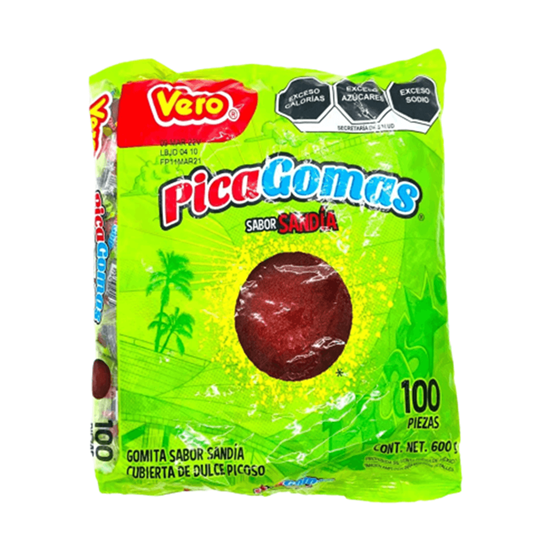 Imagen de Gomita sabor sandía cubierta de dulce picoso Vero PicaGomas 100 pzas (600g)