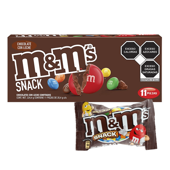 Imagen de Chocolates con leche confitados M&M's Snack 11 pzas de 20.4g c/u (224.4g)