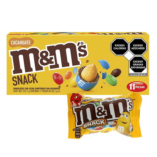 Imagen de Chocolates con leche confitados con cacahuate M&M's Snack 11 pzas de 20.7g c/u (227.7g)