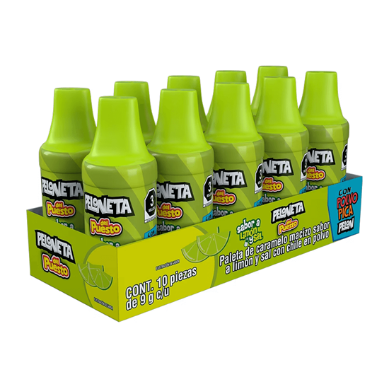 Imagen de Paleta de caramelo sabor limón y sal con chile en polvo Peloneta del Puesto 10 pzas de 9g c/u (90g)