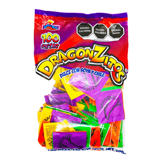 Imagen de Dulce en polvo con soya y chile Productos Ber-Ber Dragonzitos 100 pzas de 3g c/u (300g)