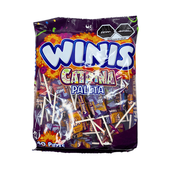Imagen de Paletas de caramelo suave sabor mandarina Winis Catrina 40 pzas (280g)