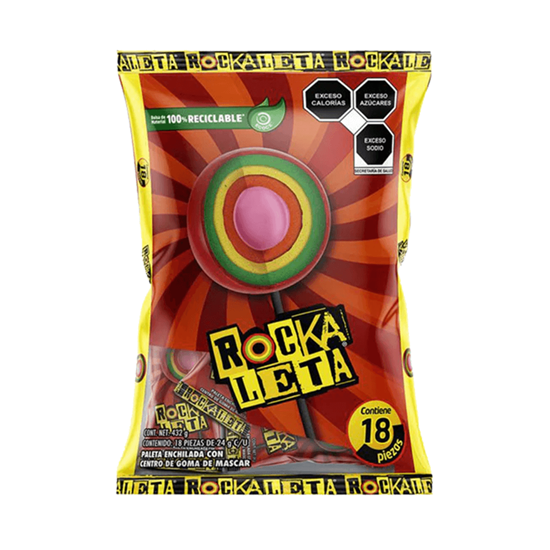 Imagen de Paleta enchilada con centro de goma de mascar Sonric's Rockaleta 18 pzas de 24g c/u (432g)