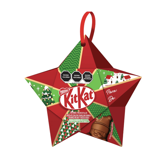 Imagen de Chocolate con arroz inflado en forma de Santa Claus Nestlé KitKat Merry Breakmas esfera navideña estrella 2 pzs (58g)