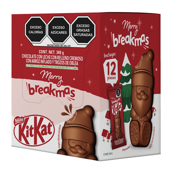 Imagen de Chocolate con arroz inflado en forma de Santa Claus Nestlé KitKat Merry Breakmas display con 12 pzs de 29g c/u (348g)