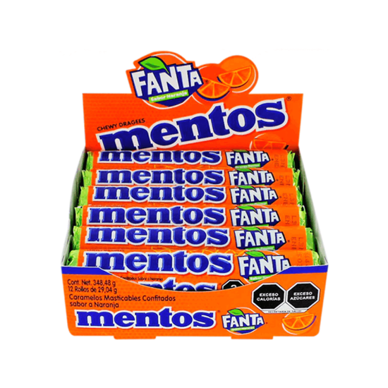 Imagen de Caramelos masticables confitados sabor naranja Mentos Fanta 12 rollos de 29.04g c/u (348.48g)