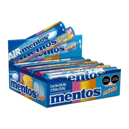 Imagen de Caramelos masticables confitados sabores surtidos Mentos Mixtos 12 rollos de 29.04g c/u (348.48g)