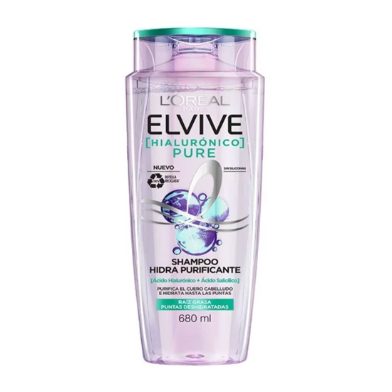 Imagen de Shampoo hidra purificante raíz grasa y puntas deshidratadas L'Oreal Paris Elvive Hialurónico Pure 680ml