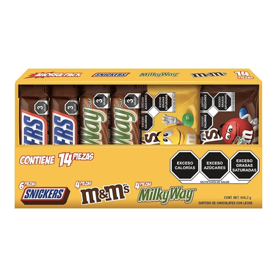 Imagen de Surtido de chocolates con leche (Snickers, M&M's y MilkyWay) 14 pzas (656.2g)
