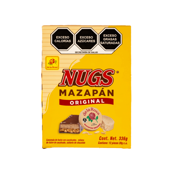 Imagen de Caramelo con cacahuates cubierto de chocolate Nugs Mazapán original De la Rosa 12 pzas de 28g c/u (336g)