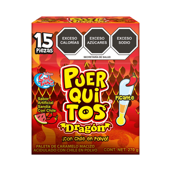 Imagen de Paleta de caramelo sabor sandía enchilada con chile en polvo Dulces Cool Toons Puerquitos Dragón 15 pzas (270g)