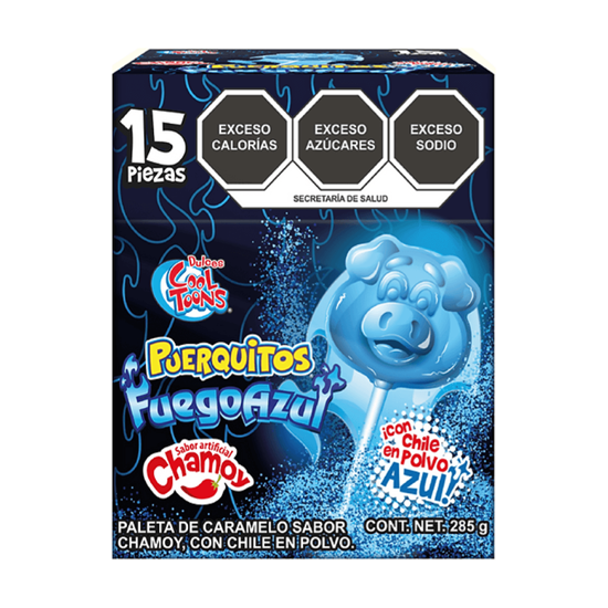 Imagen de Paleta de caramelo sabor chamoy con chile en polvo Dulces Cool Toons Puerquitos Fuego Azul 15 pzas (285g)