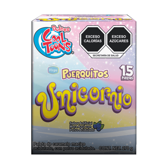 Imagen de Paleta de caramelo sabor mora azul con polvo acidulado Dulces Cool Toons Puerquitos Unicornio 15 pzas (270g)