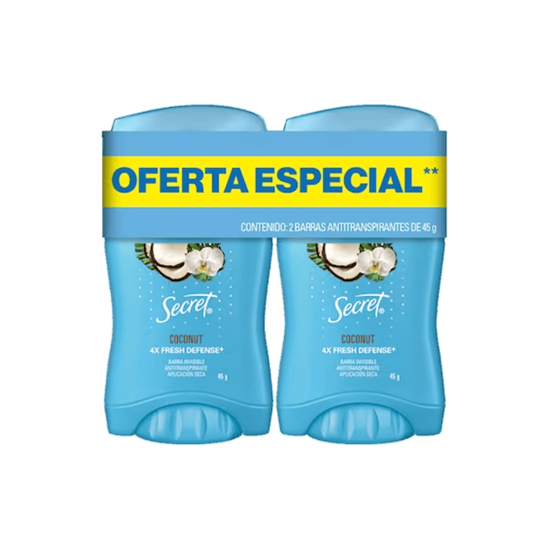 Imagen de Barra invisible antitranspirante Secret Powder Protect Coconut 4X Fresh Defense 2 pzas de 45g c/u