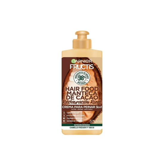 Imagen de Crema para peinar 3 en 1 vegana sin parabenos para cabello rizado y seco Garnier Fructis Hair Food Manteca de Cacao Restauración Rizos 300ml